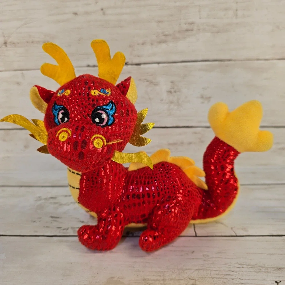 Chinese Zodiac Plush Set Red Sequin Dragon and Orange Floral‎ Elephant Decor